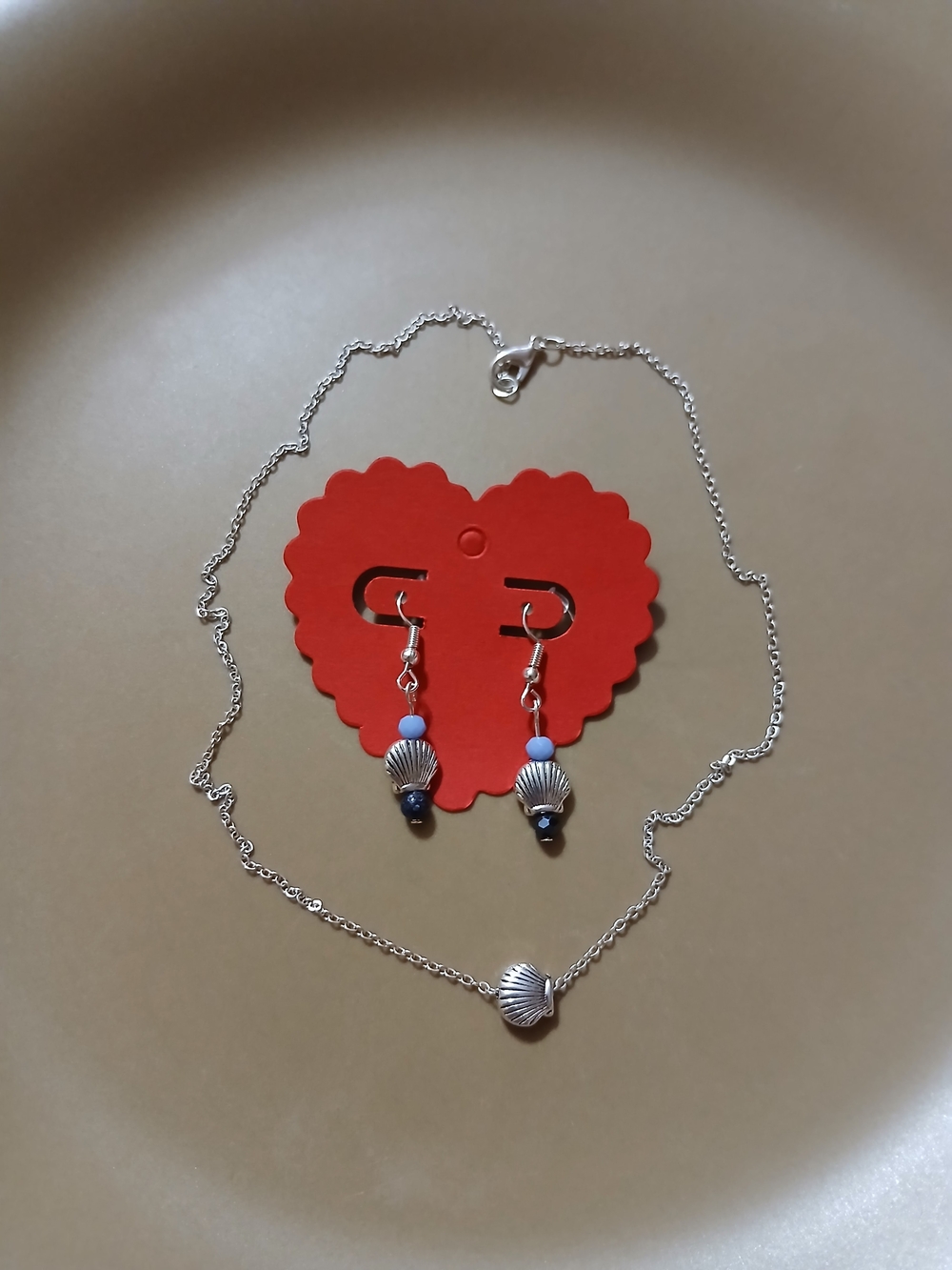 Silver Shell Necklace and Blue Bead Earrings Set